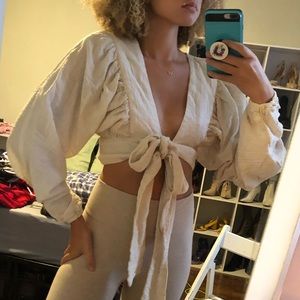 ASOS Size 0 cream puff sleeve front tie crop